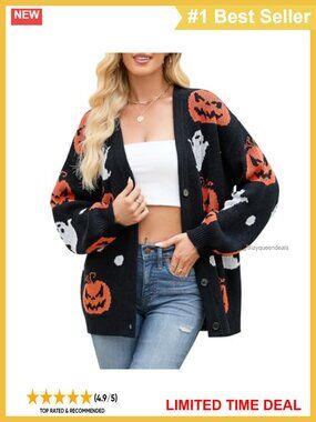 V-Neck Button Down Pumpkin Ghost Cardigan Sweater